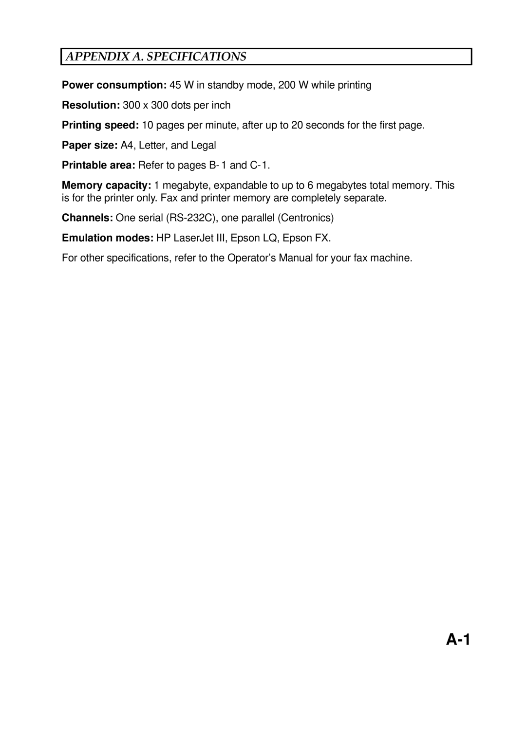 Epson 60 manual Appendix A. Specifications 