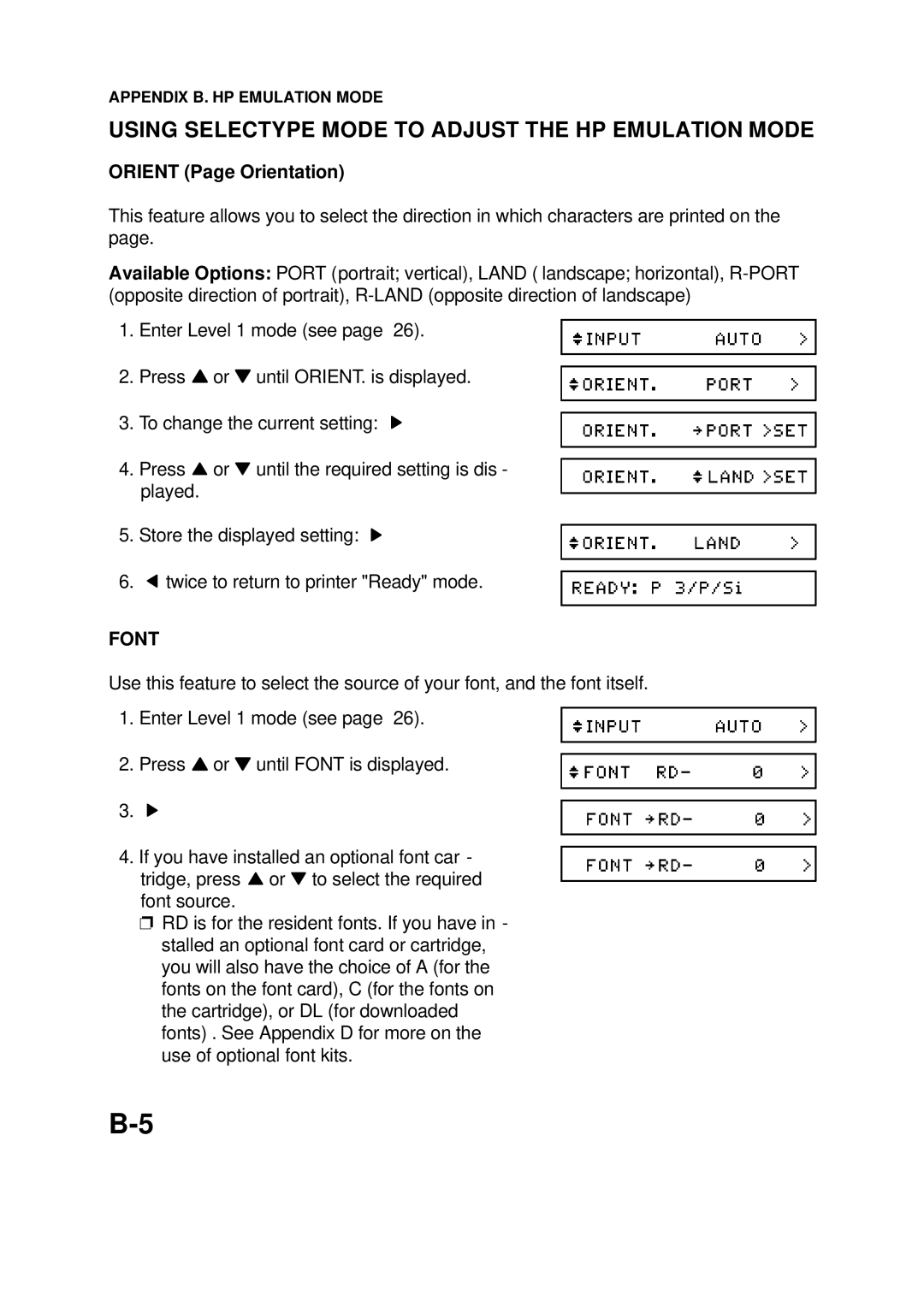 Epson 60 manual Using Selectype Mode to Adjust the HP Emulation Mode, Orient Page Orientation 