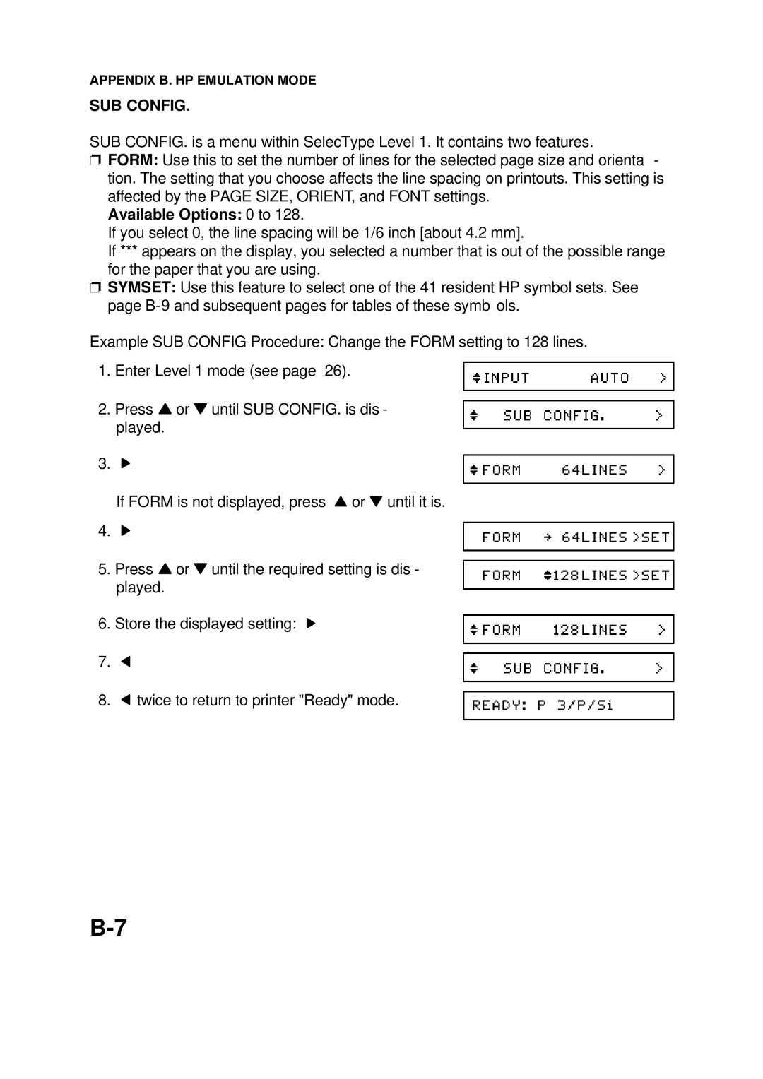 Epson 60 manual SUB Config, Available Options 0 to 