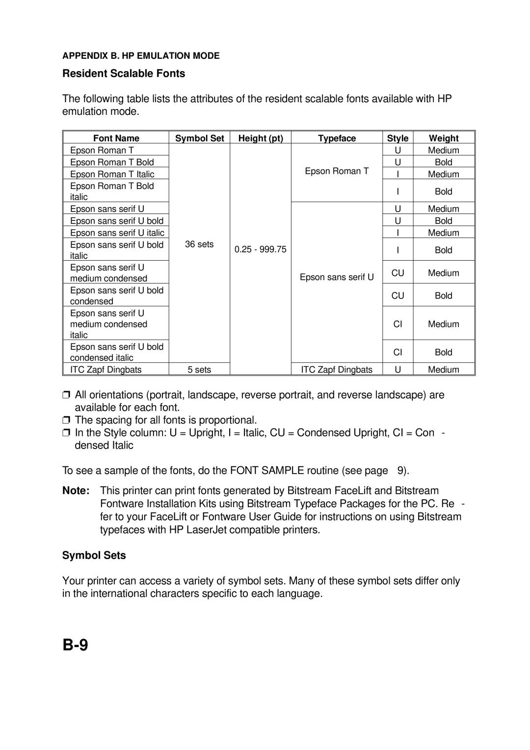 Epson 60 manual Resident Scalable Fonts, Font Name Symbol Set Height pt Typeface Style Weight 