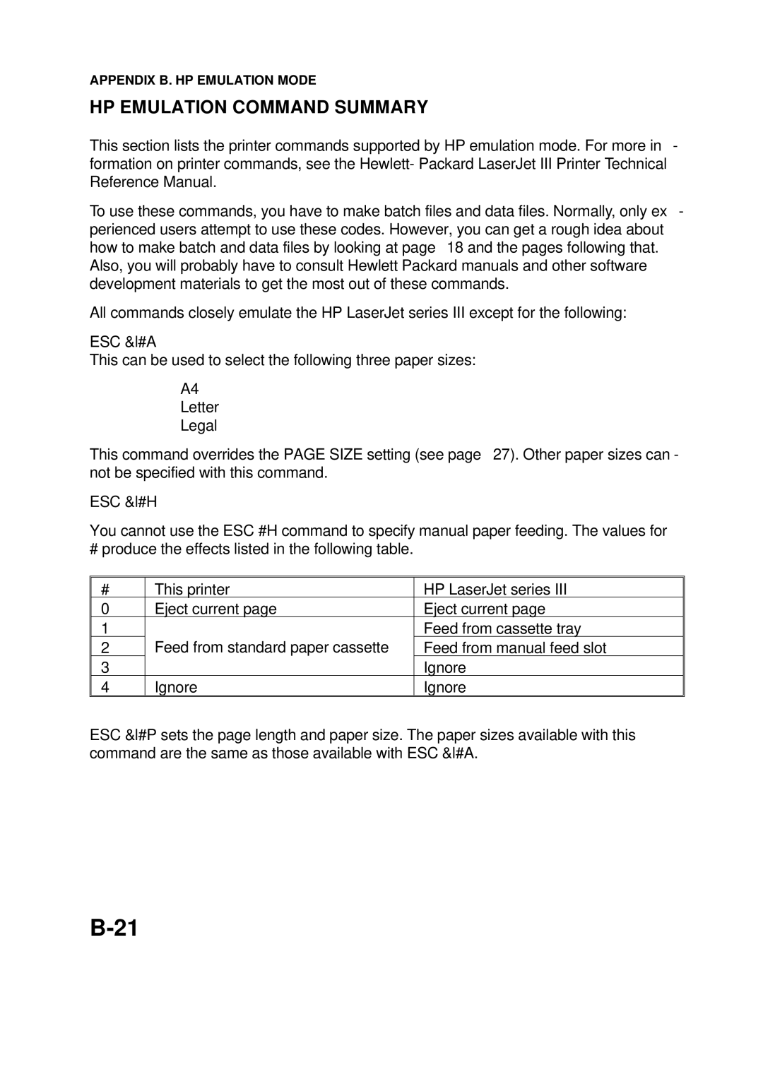 Epson 60 manual HP Emulation Command Summary 