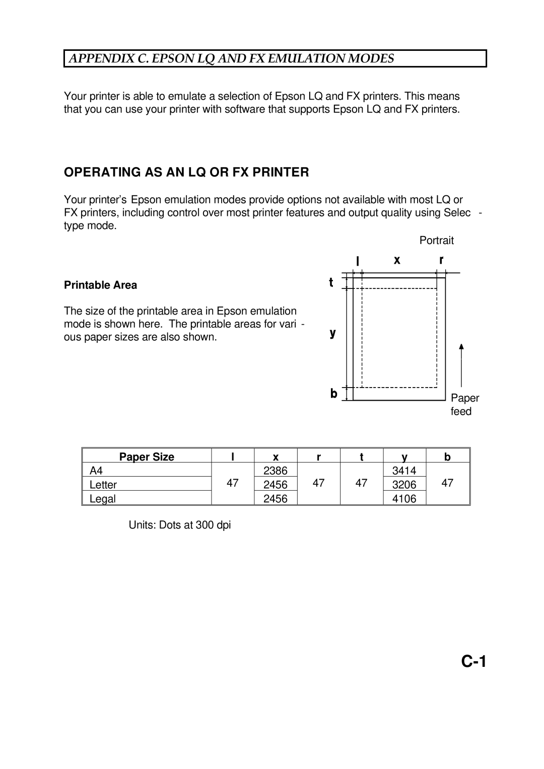 Epson 60 manual Appendix C. Epson LQ and FX Emulation Modes, Operating AS AN LQ or FX Printer, Paper Size 