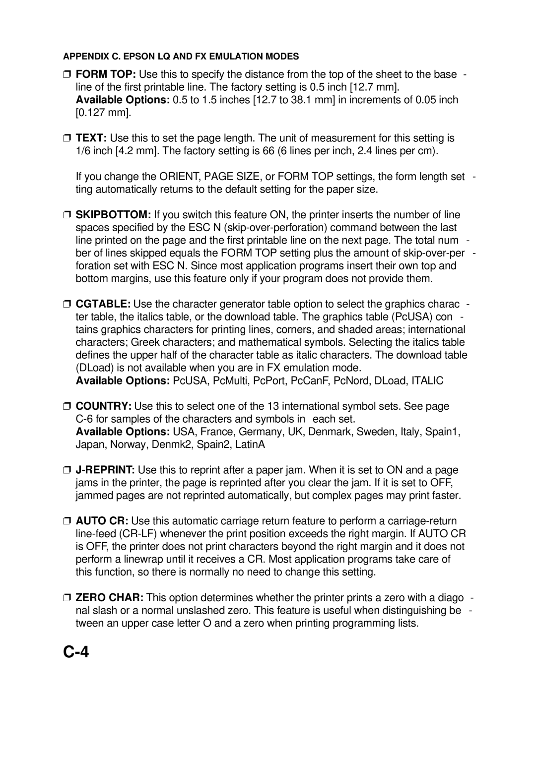 Epson 60 manual Appendix C. Epson LQ and FX Emulation Modes 