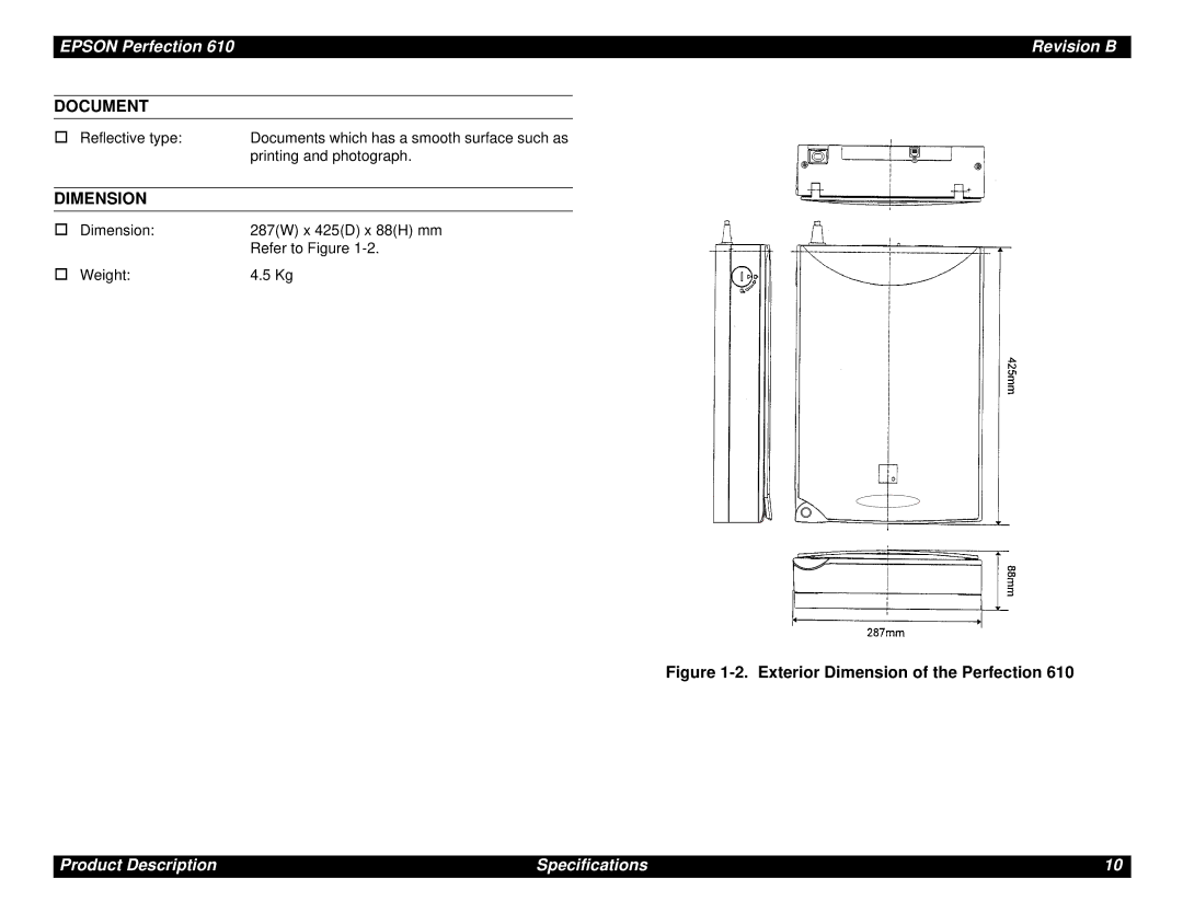 Epson 610 manual Dimension 