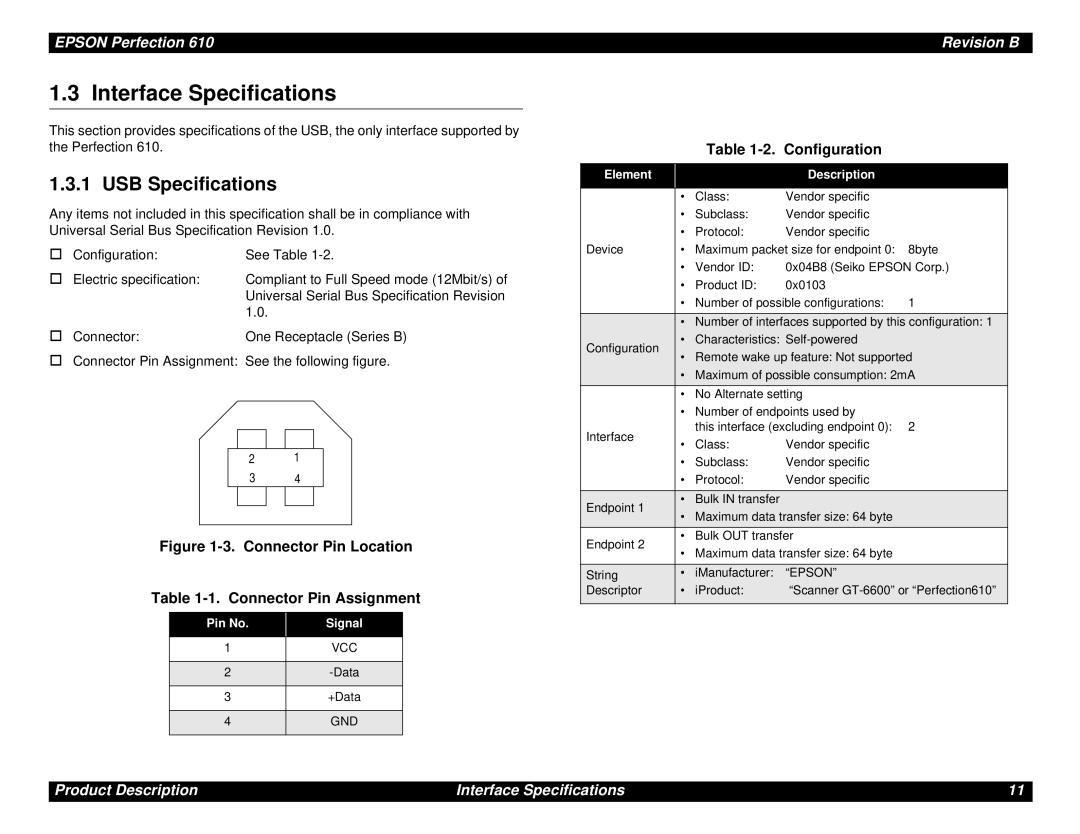 Epson 610 manual Interface Specifications, USB Specifications, Configuration, Pin No Signal, Element Description 