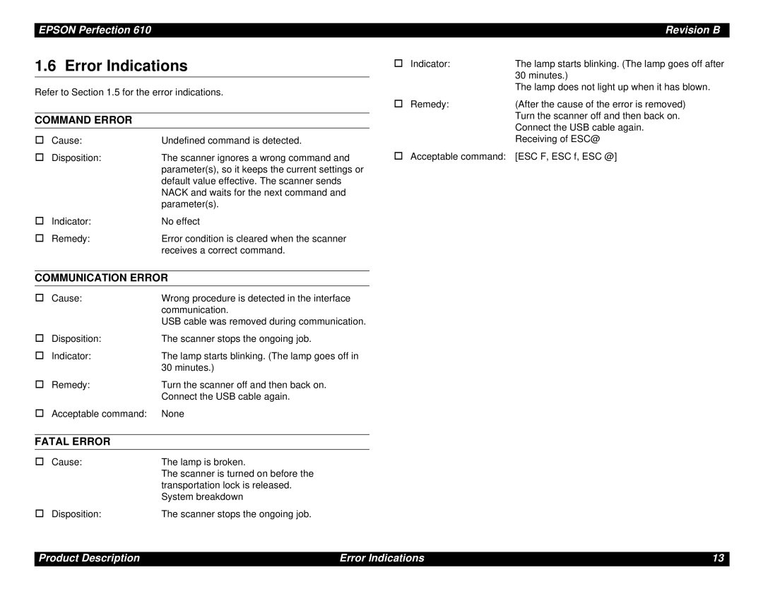 Epson 610 manual Error Indications, Command Error 