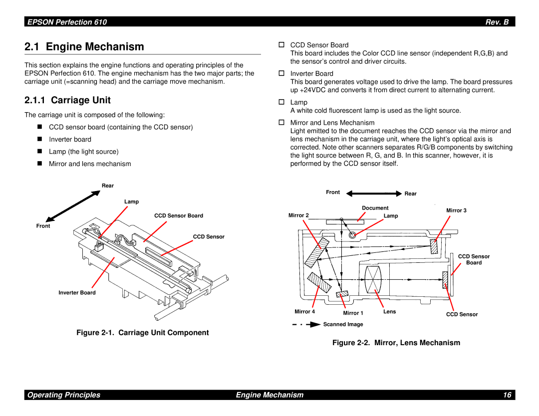 Epson 610 manual Engine Mechanism, Carriage Unit 