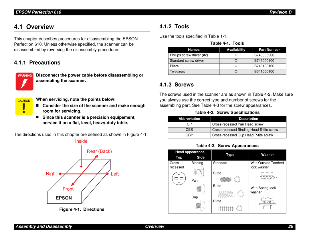 Epson 610 manual Precautions, Tools, Screws 