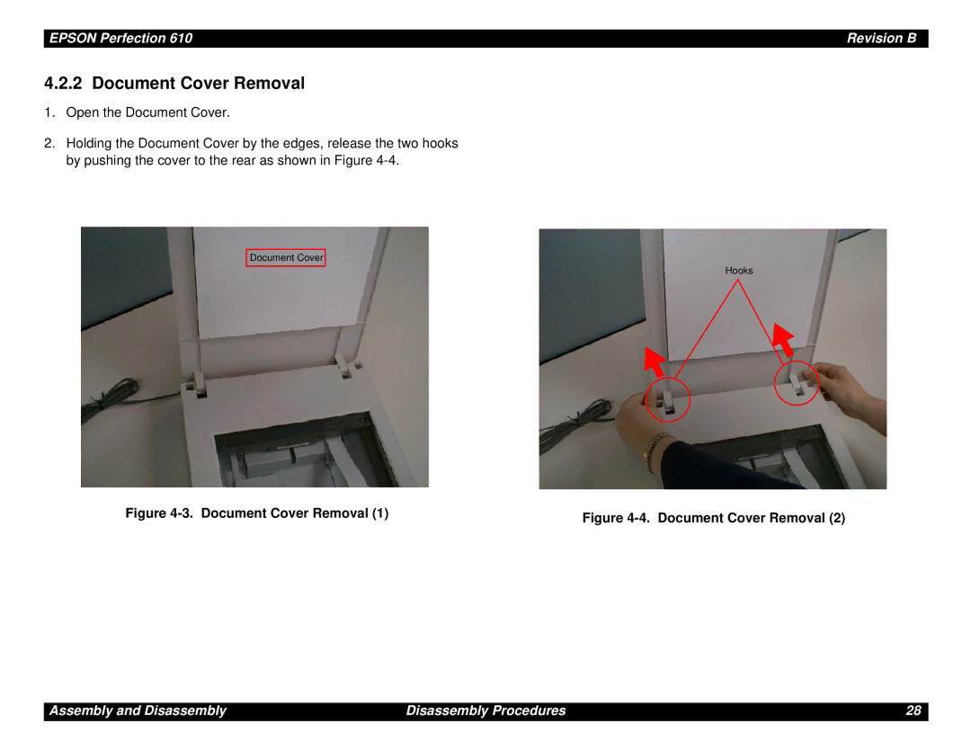 Epson 610 manual Document Cover Removal 