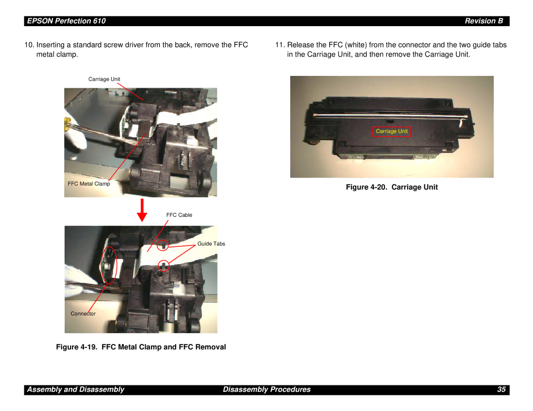 Epson 610 manual FFC Metal Clamp and FFC Removal 