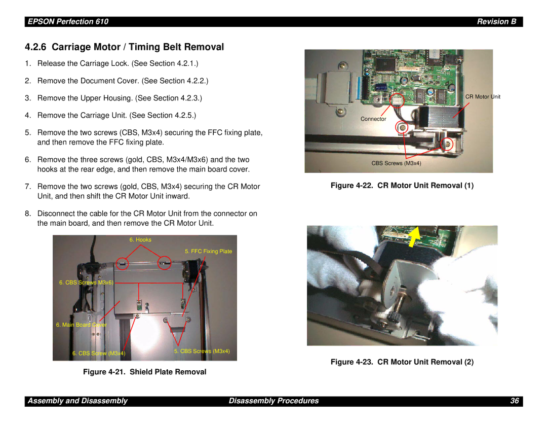 Epson 610 manual Carriage Motor / Timing Belt Removal, Shield Plate Removal 