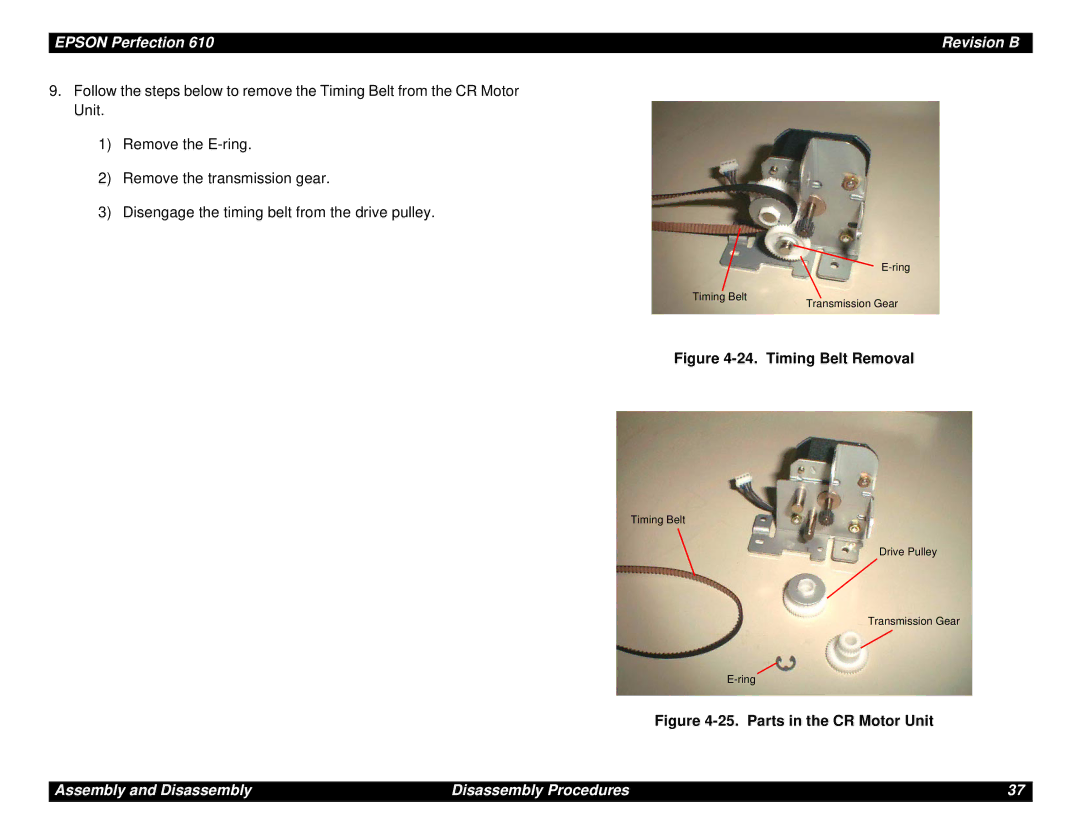 Epson 610 manual Timing Belt Removal 