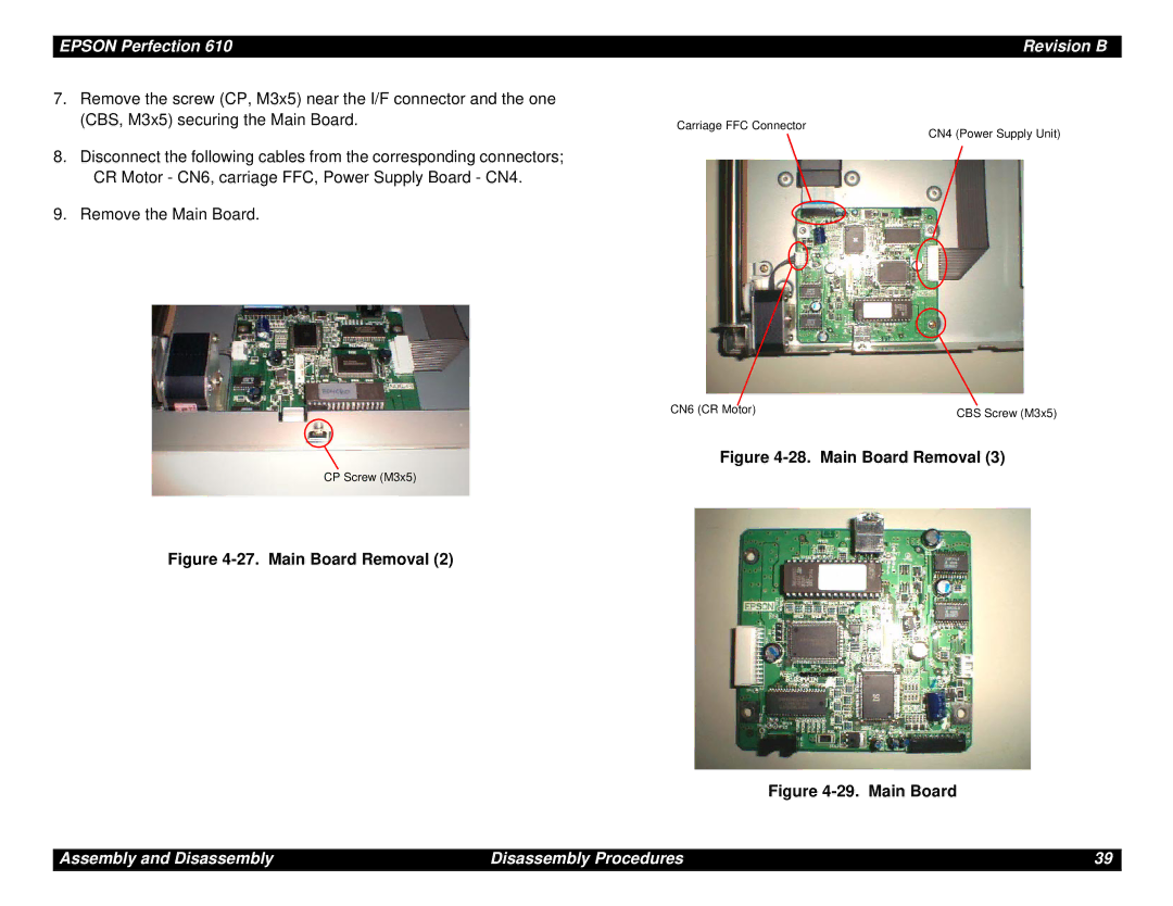 Epson 610 manual Main Board Removal 