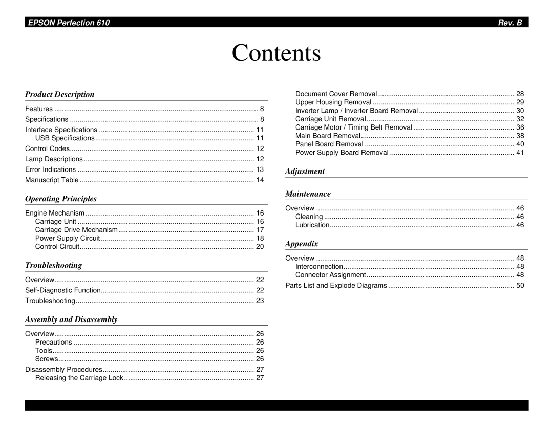 Epson 610 manual Contents 