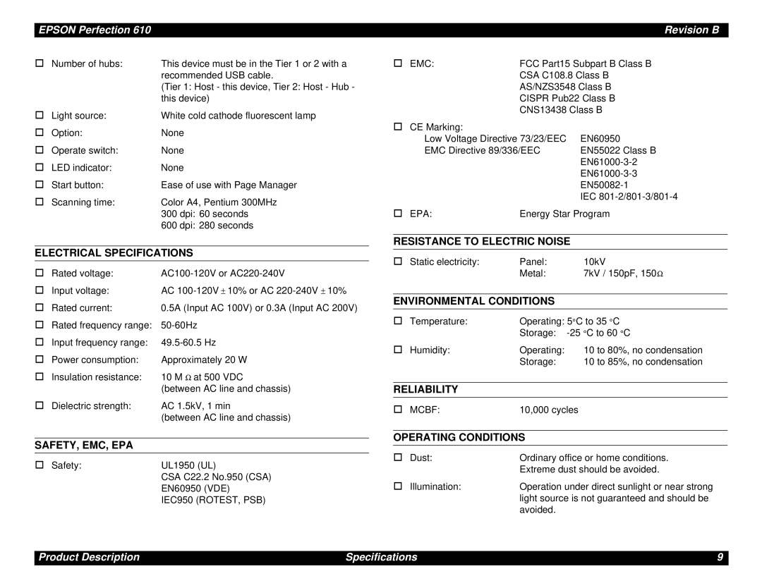 Epson 610 manual Product Description Specifications 