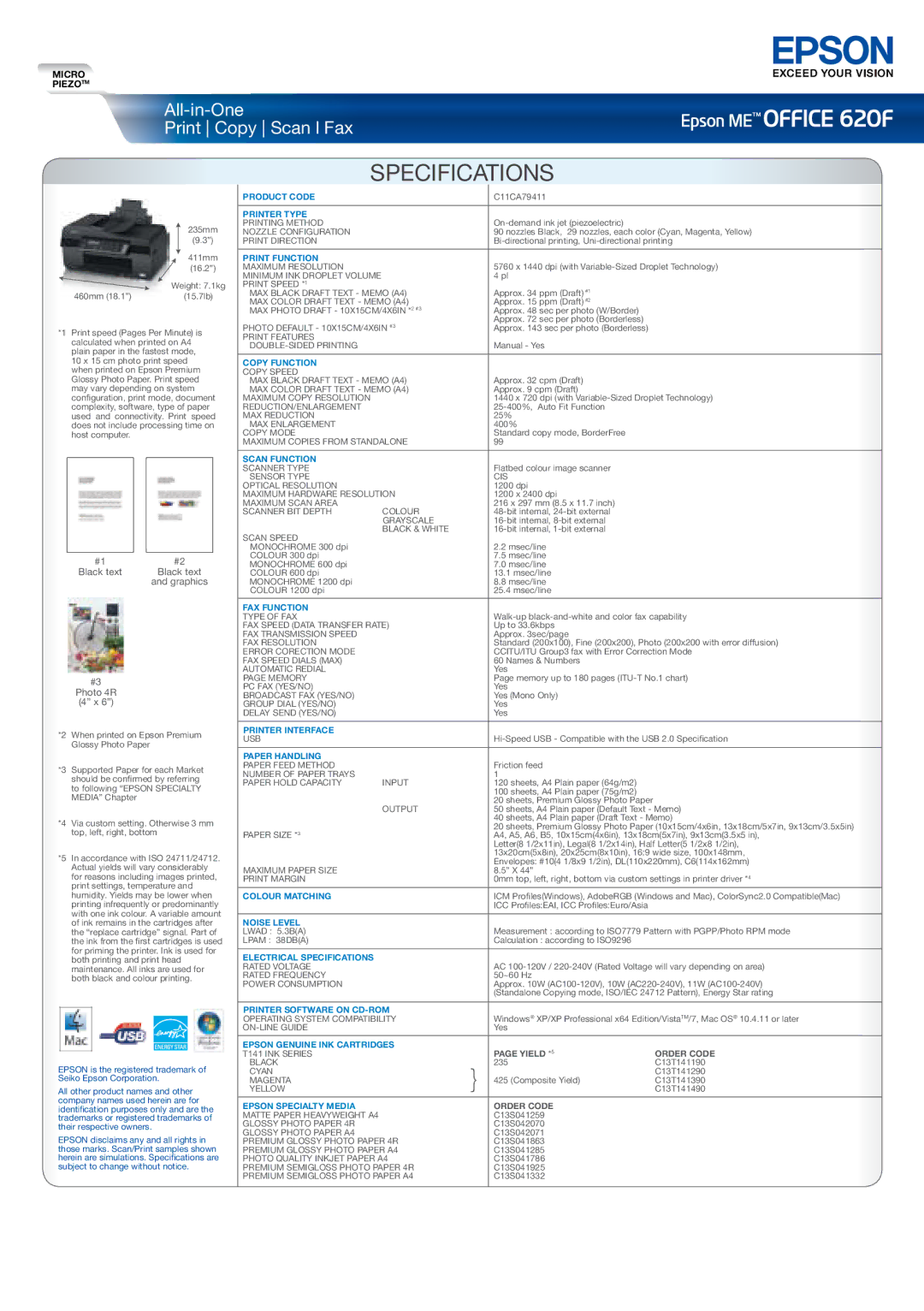 Epson 620F manual Specifications 