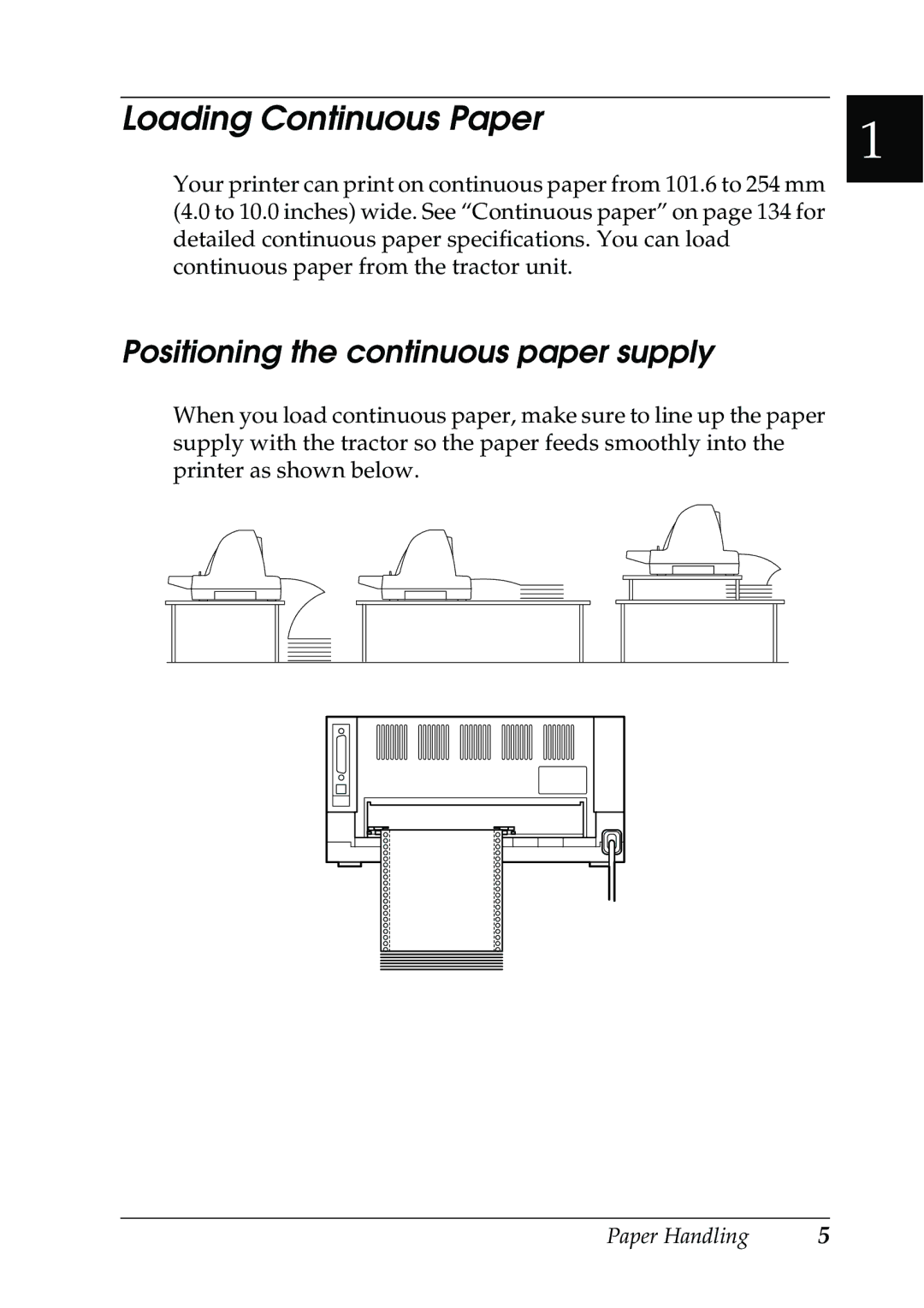 Epson 630S manual Loading Continuous Paper, Positioning the continuous paper supply 