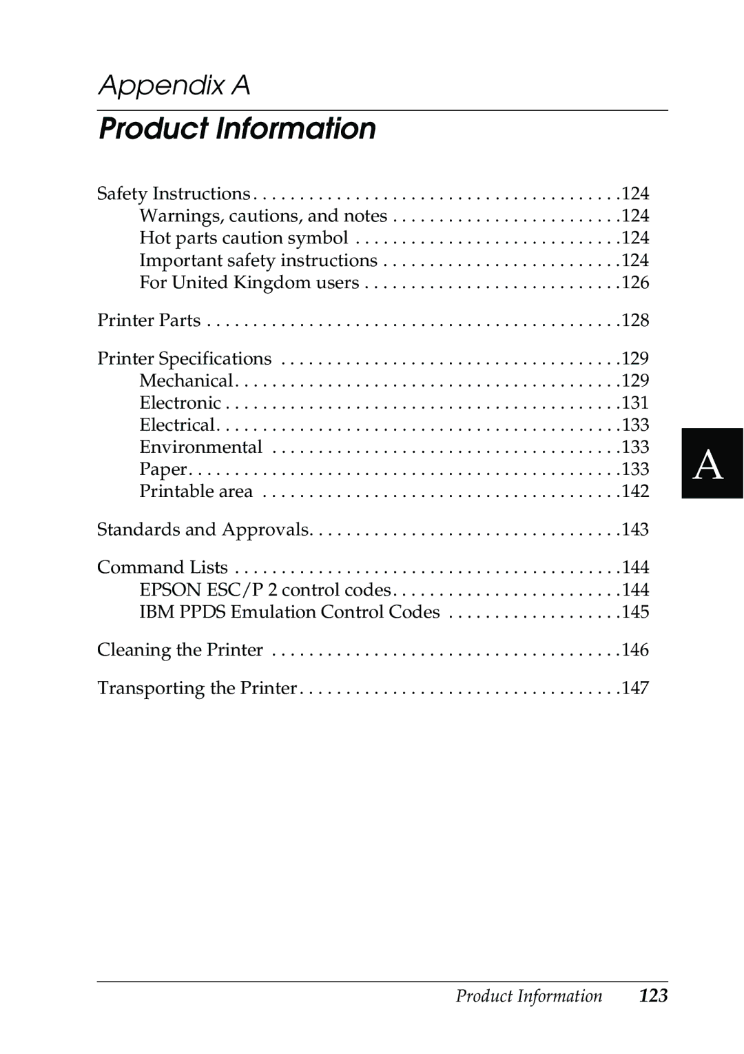 Epson 630S manual Product Information, Appendix a 