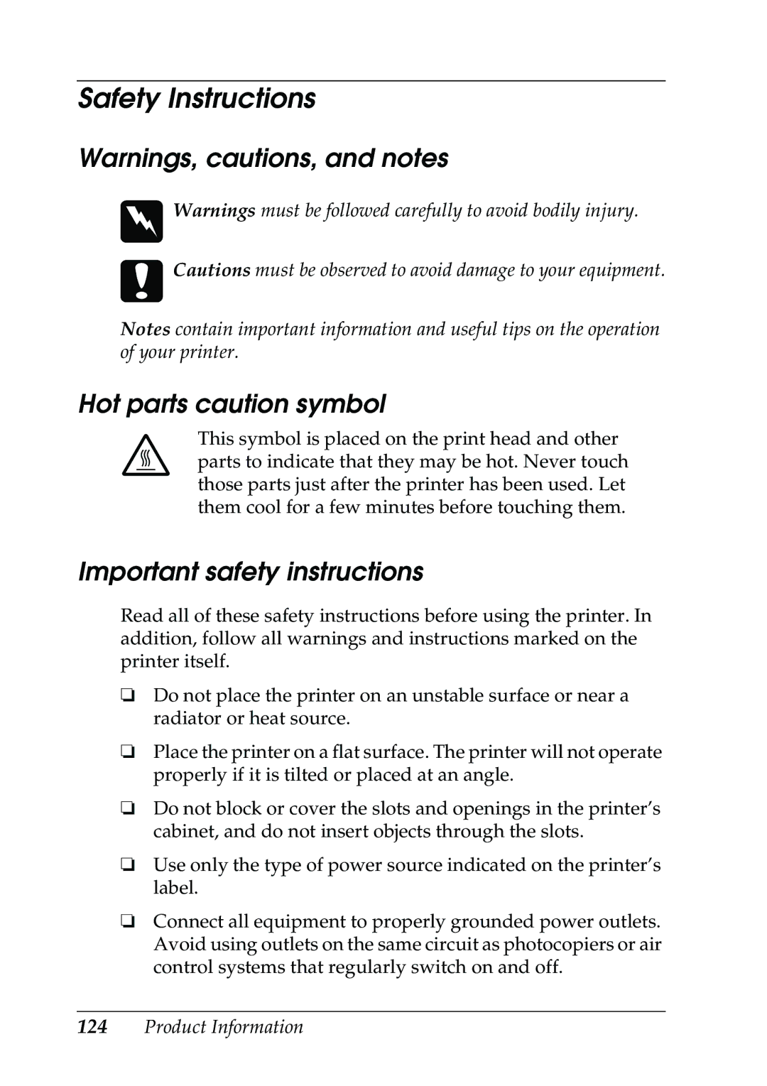 Epson 630S manual Safety Instructions, Hot parts caution symbol, Important safety instructions 