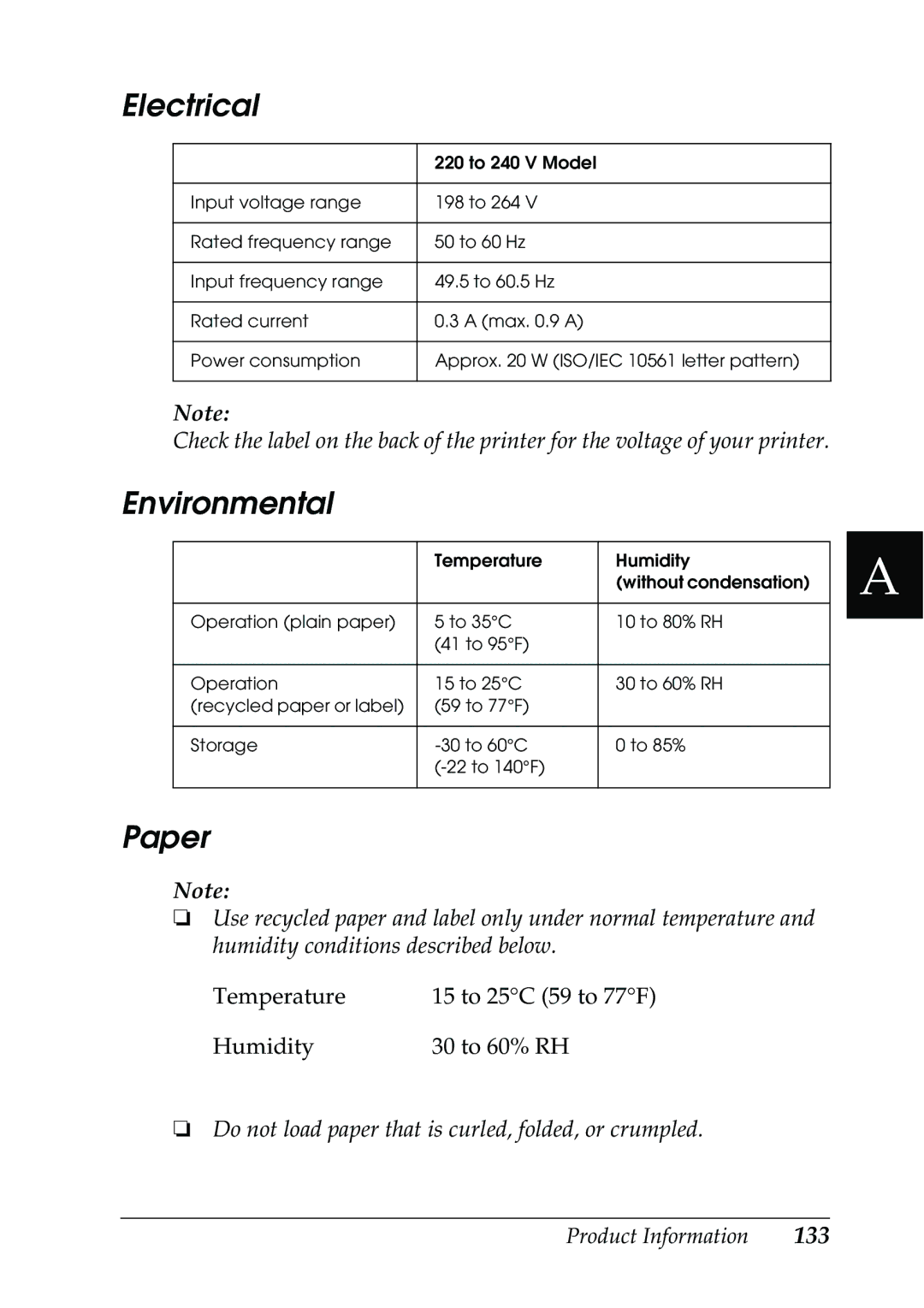 Epson 630S manual Electrical, Environmental, Paper 