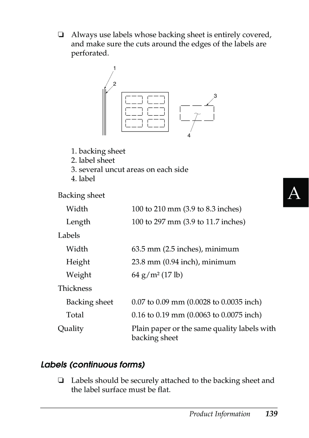 Epson 630S manual Labels continuous forms, 139 