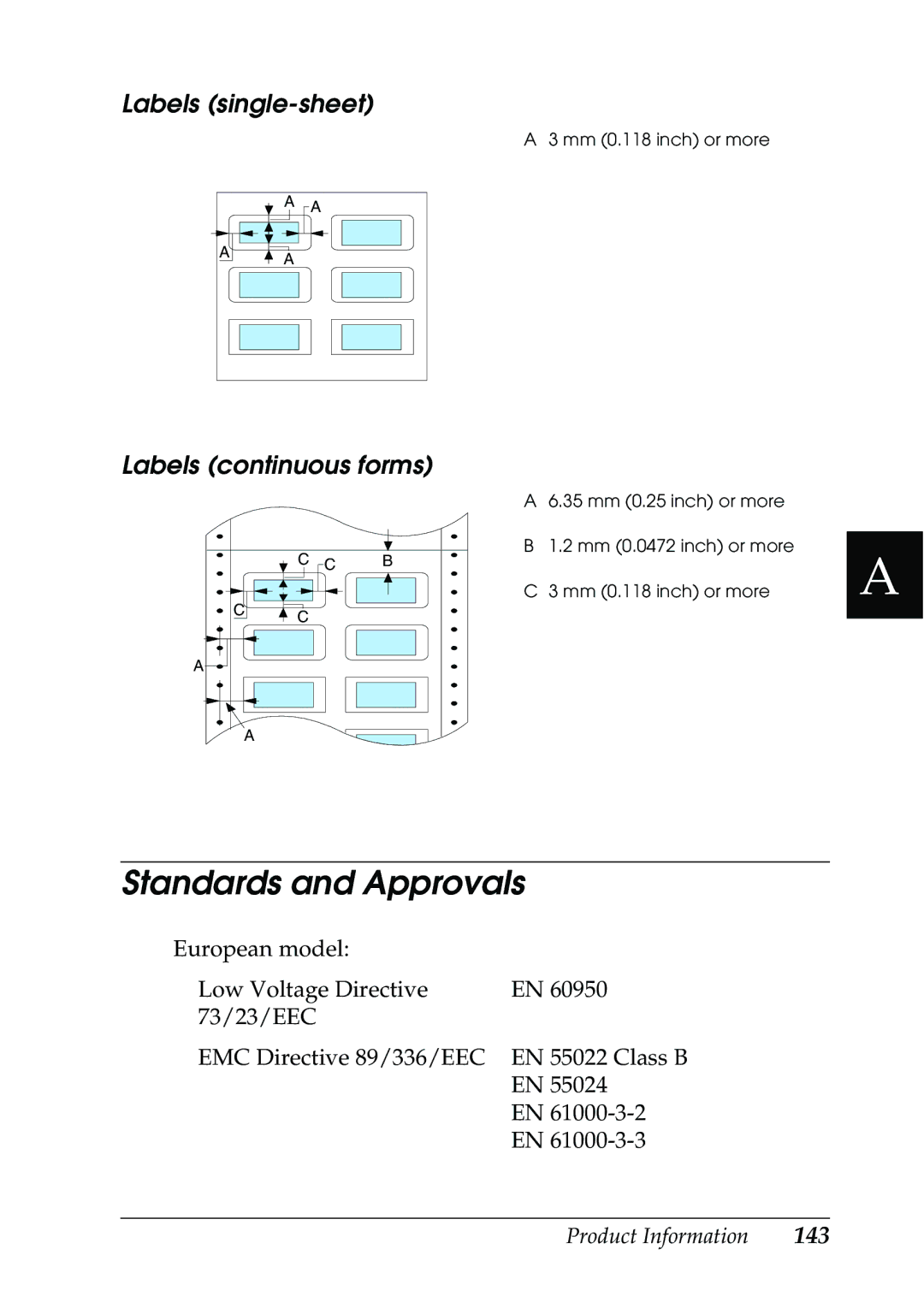 Epson 630S manual Standards and Approvals, Labels single-sheet 