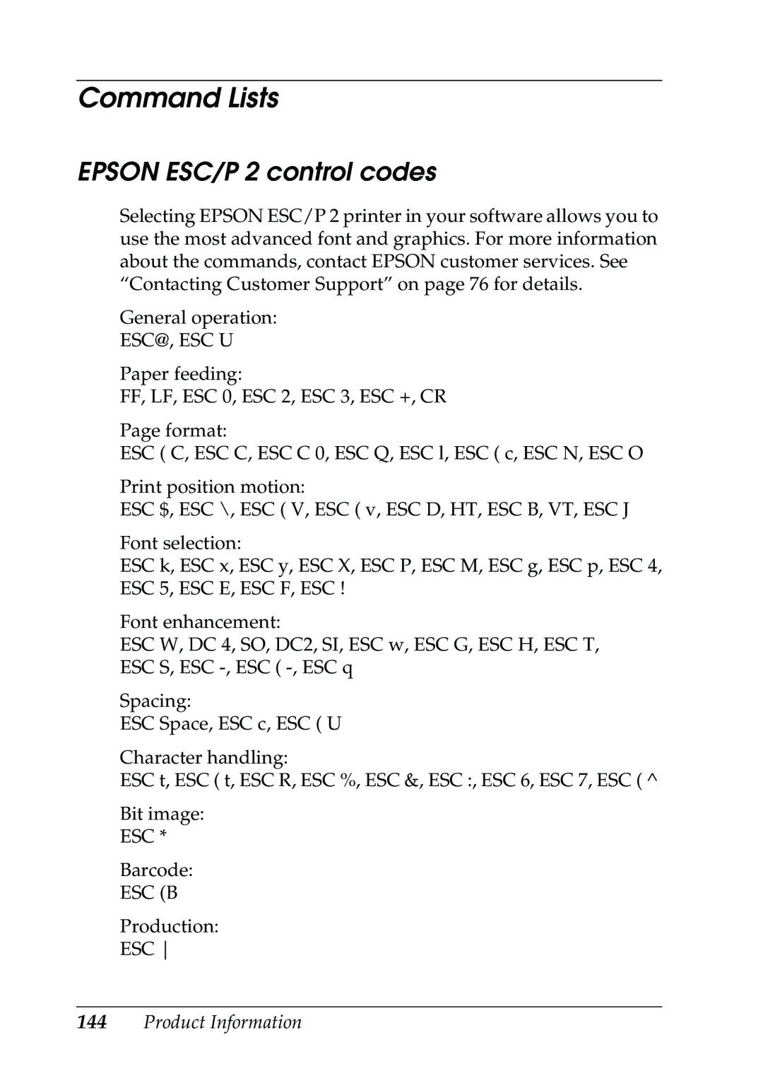 Epson 630S manual Command Lists, Epson ESC/P 2 control codes 