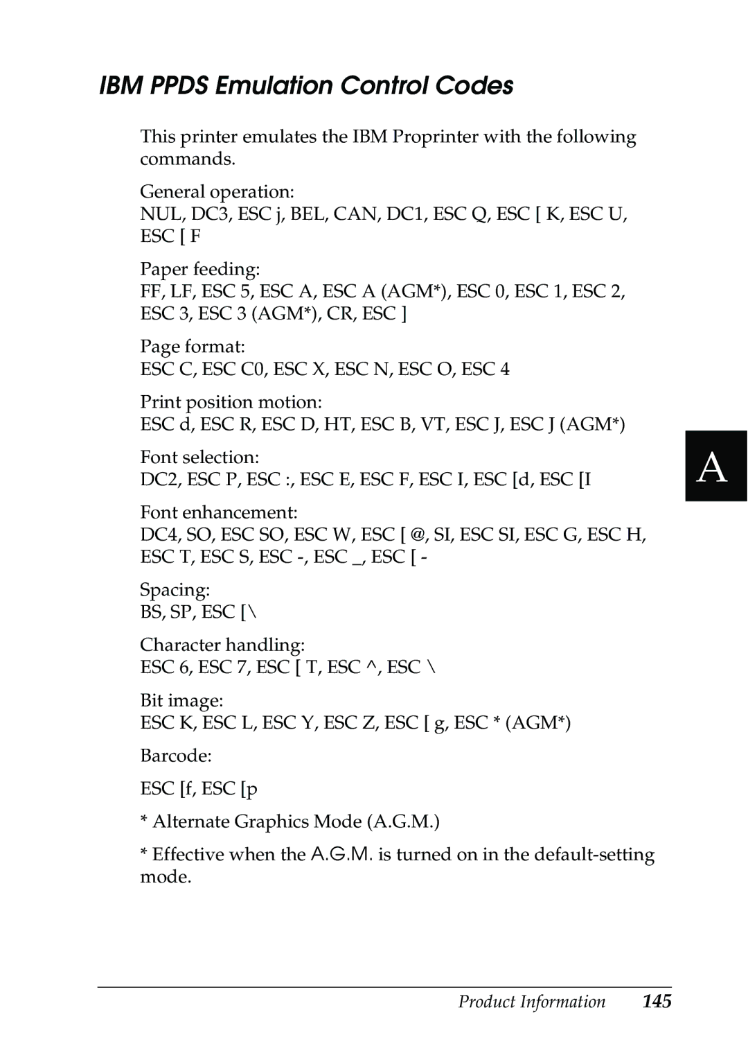 Epson 630S manual IBM Ppds Emulation Control Codes, ESC C, ESC C0, ESC X, ESC N, ESC O, ESC 