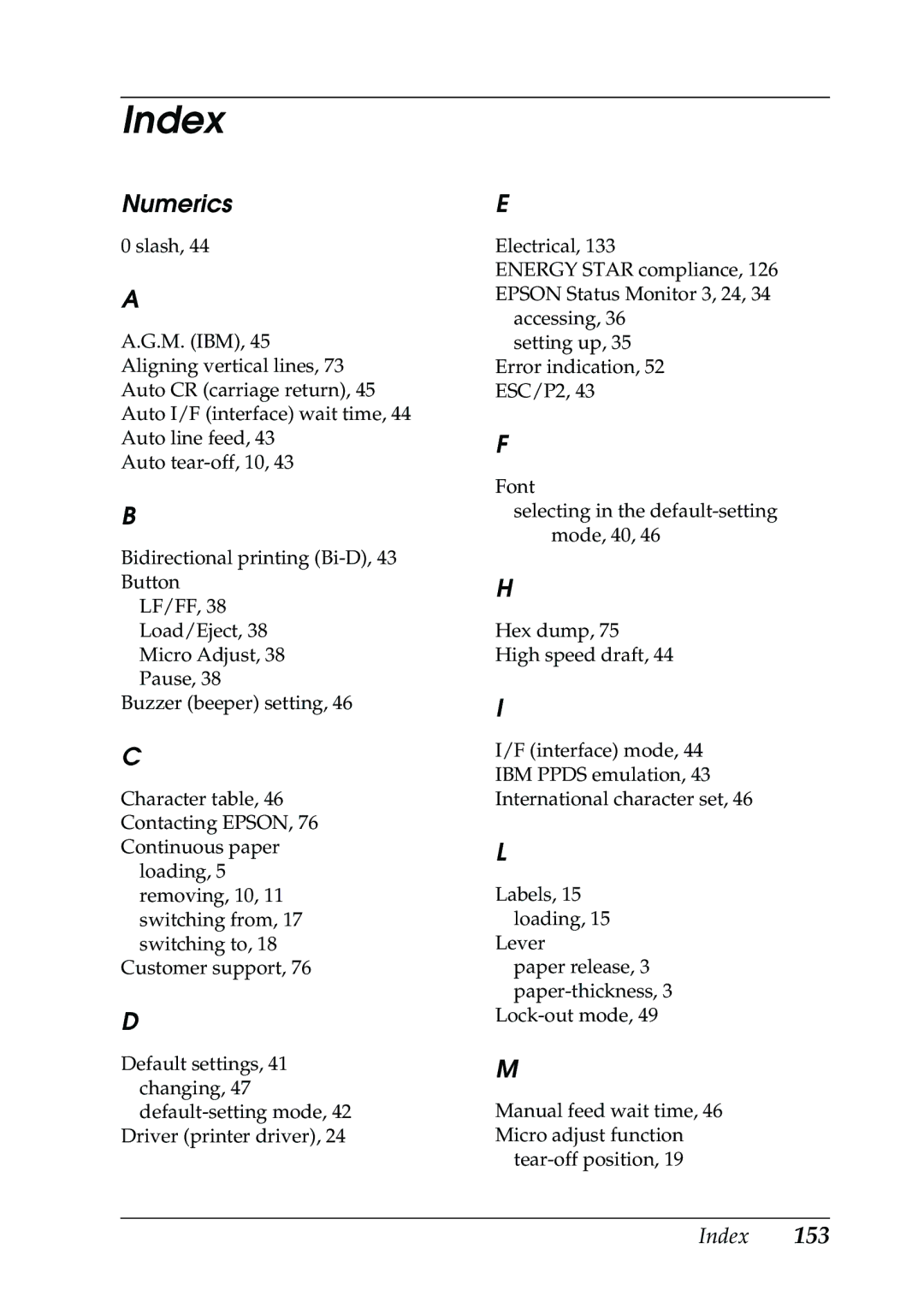 Epson 630S manual Index, Numerics 