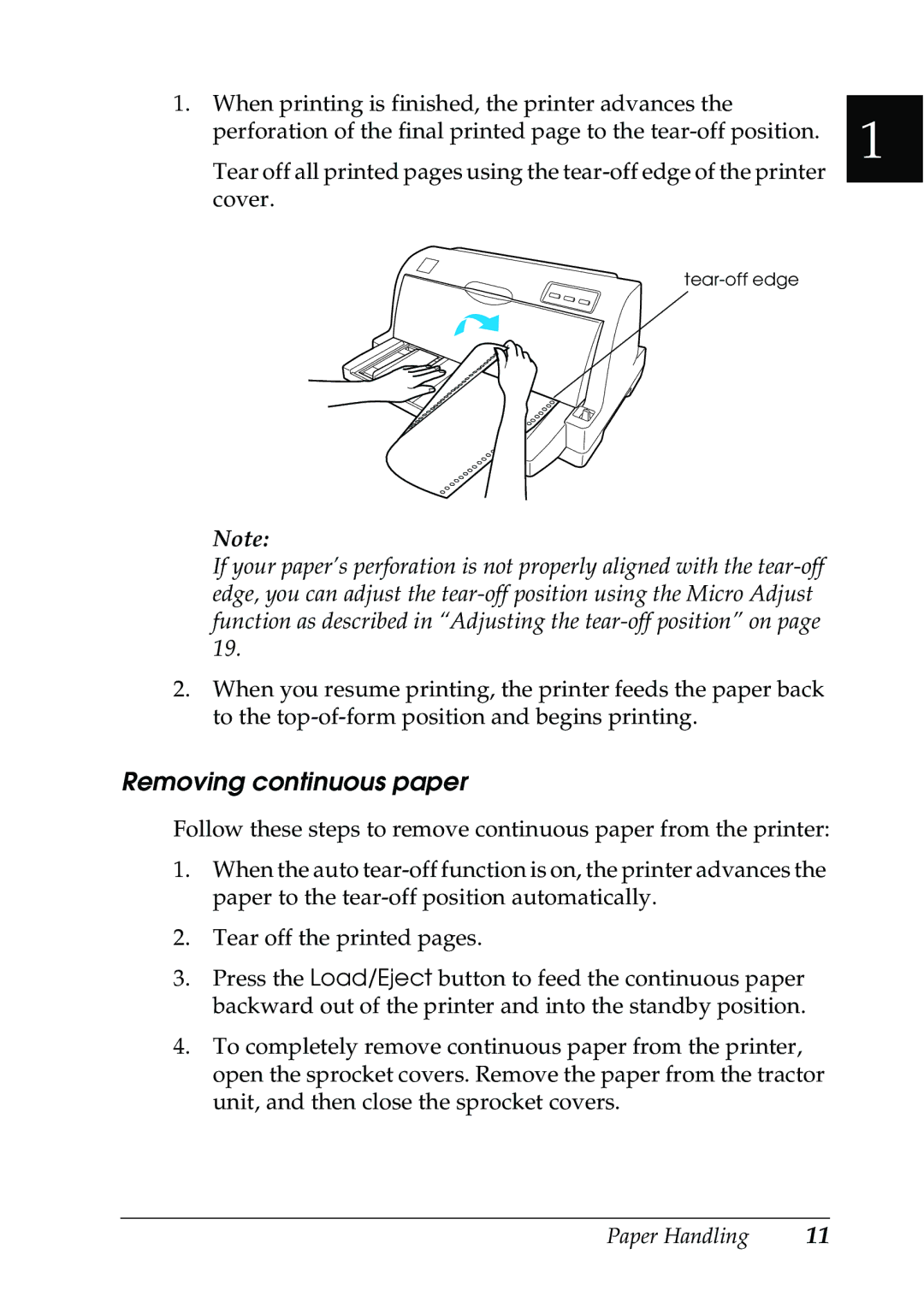 Epson 630S manual Removing continuous paper 