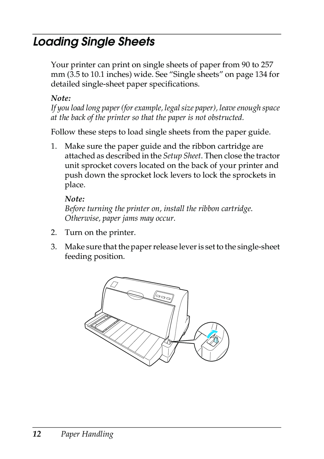 Epson 630S manual Loading Single Sheets 