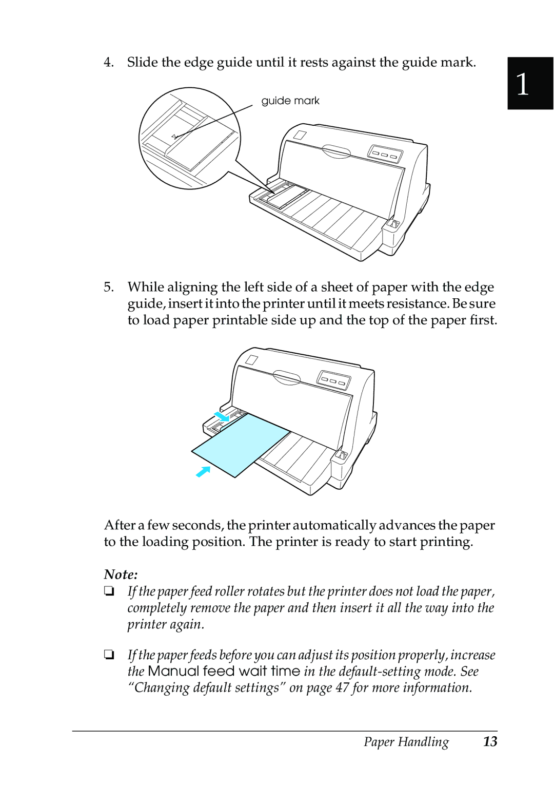 Epson 630S manual Slide the edge guide until it rests against the guide mark 