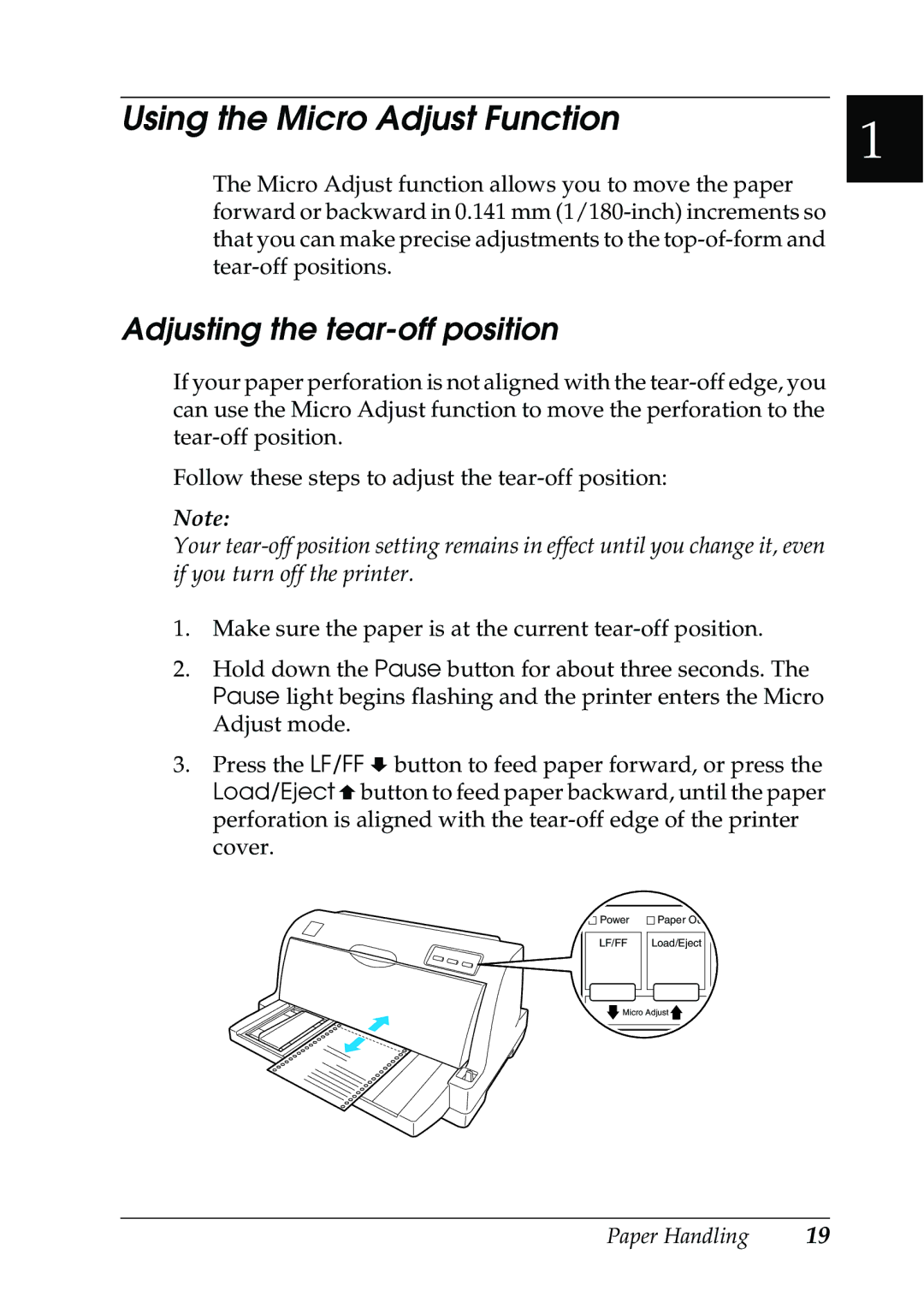 Epson 630S manual Using the Micro Adjust Function, Adjusting the tear-off position 