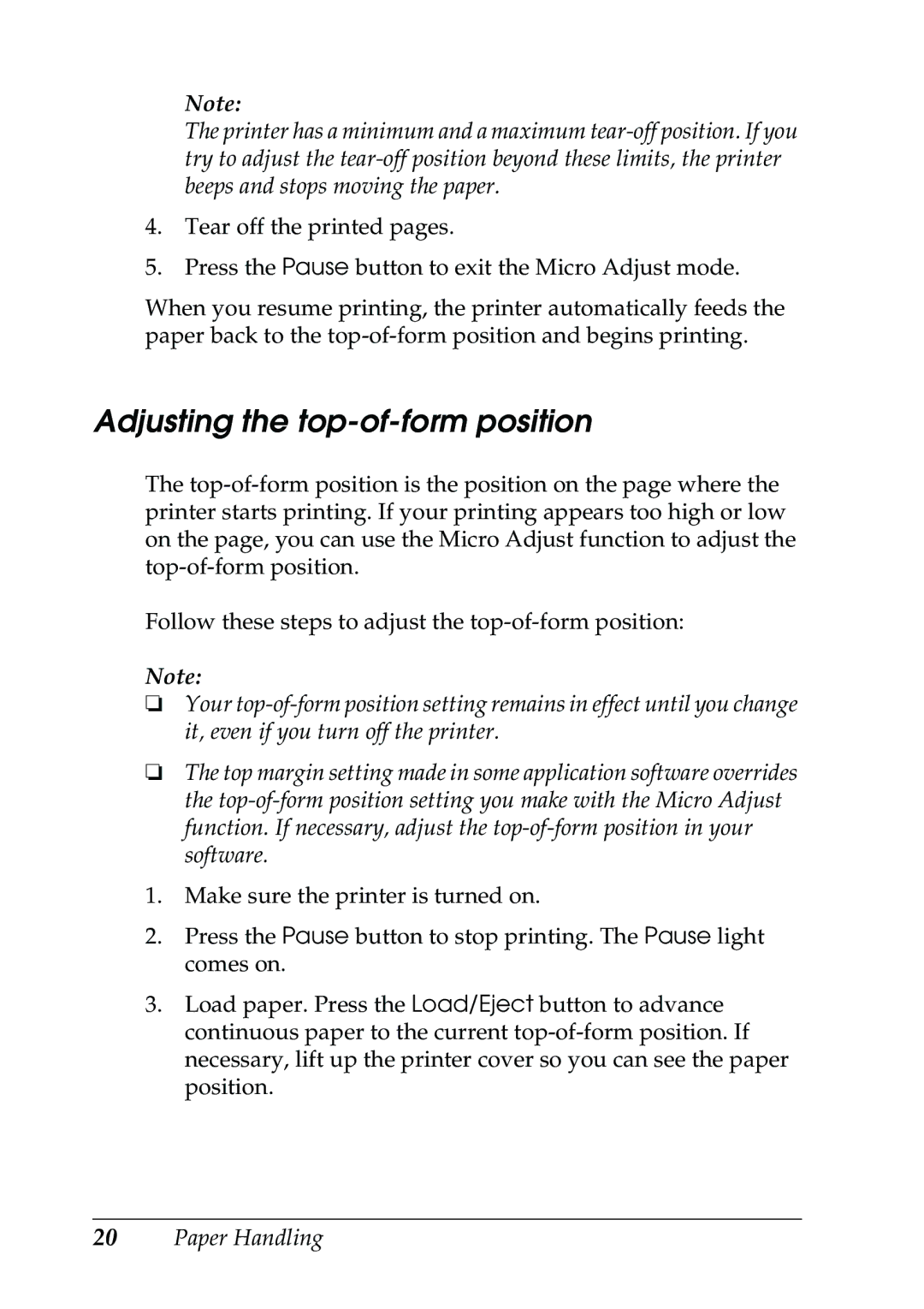 Epson 630S manual Adjusting the top-of-form position 