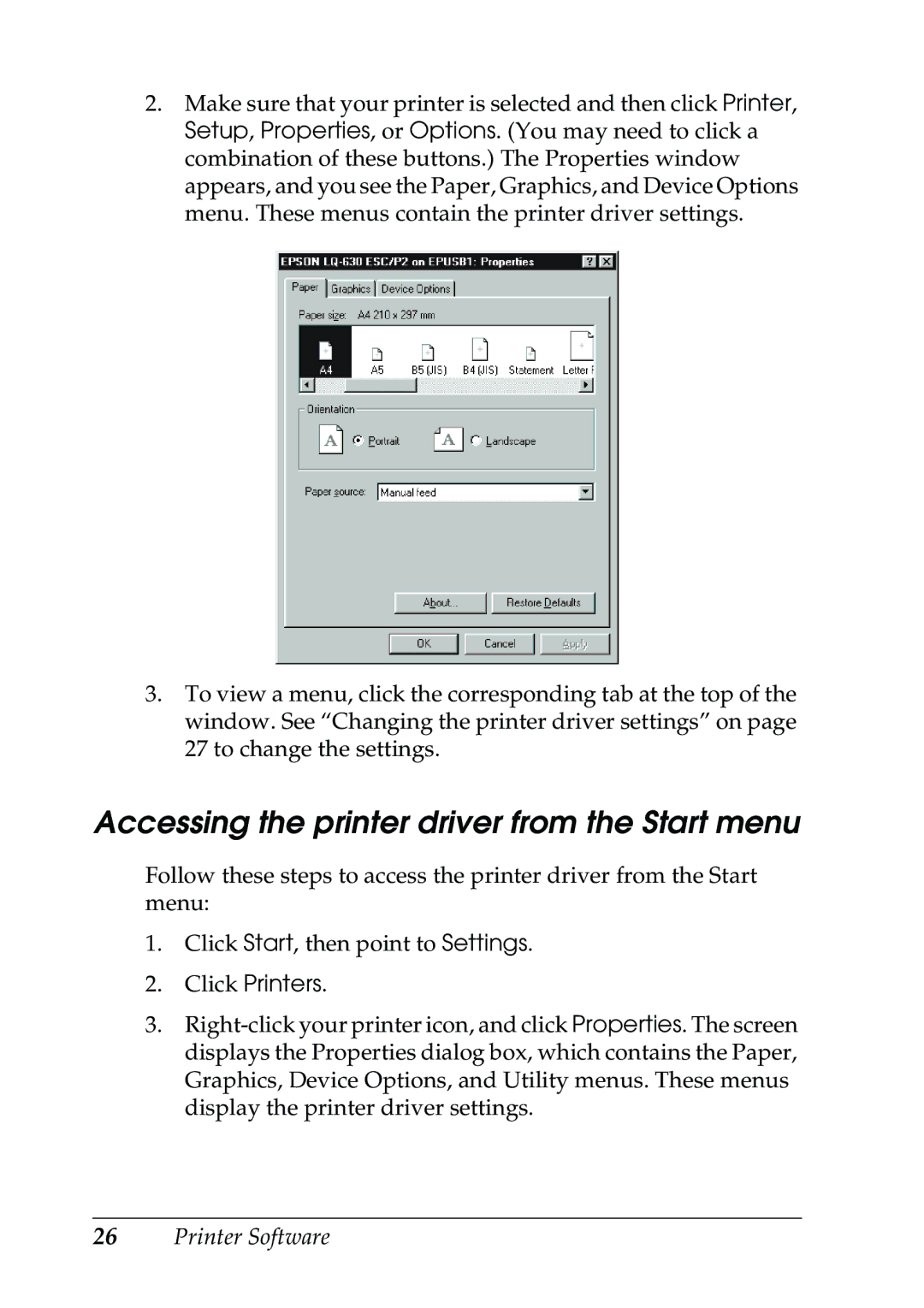 Epson 630S manual Accessing the printer driver from the Start menu, Click Printers 