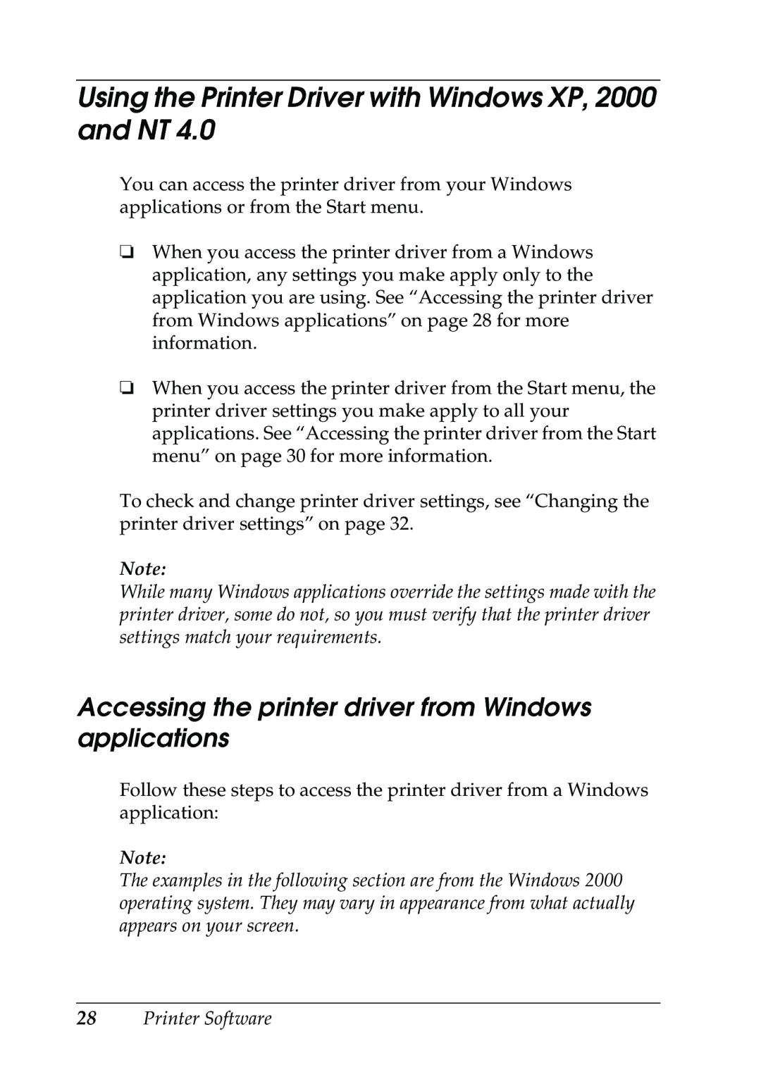 Epson 630S Using the Printer Driver with Windows XP, 2000 and NT, Accessing the printer driver from Windows applications 