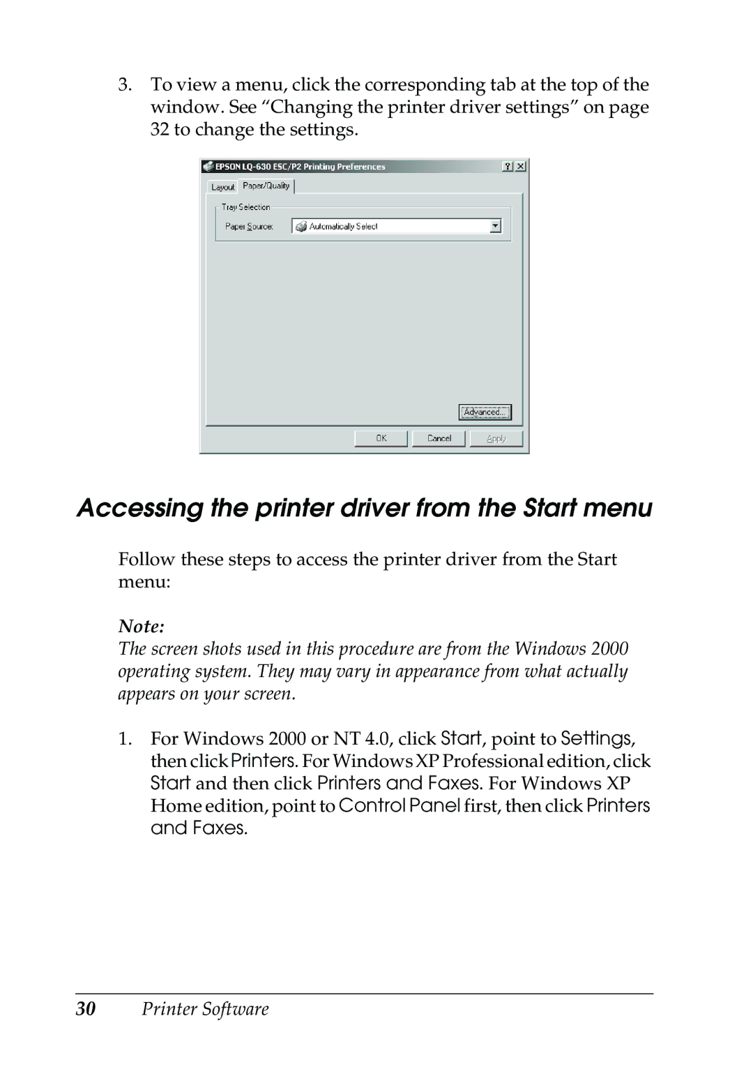 Epson 630S manual Accessing the printer driver from the Start menu 