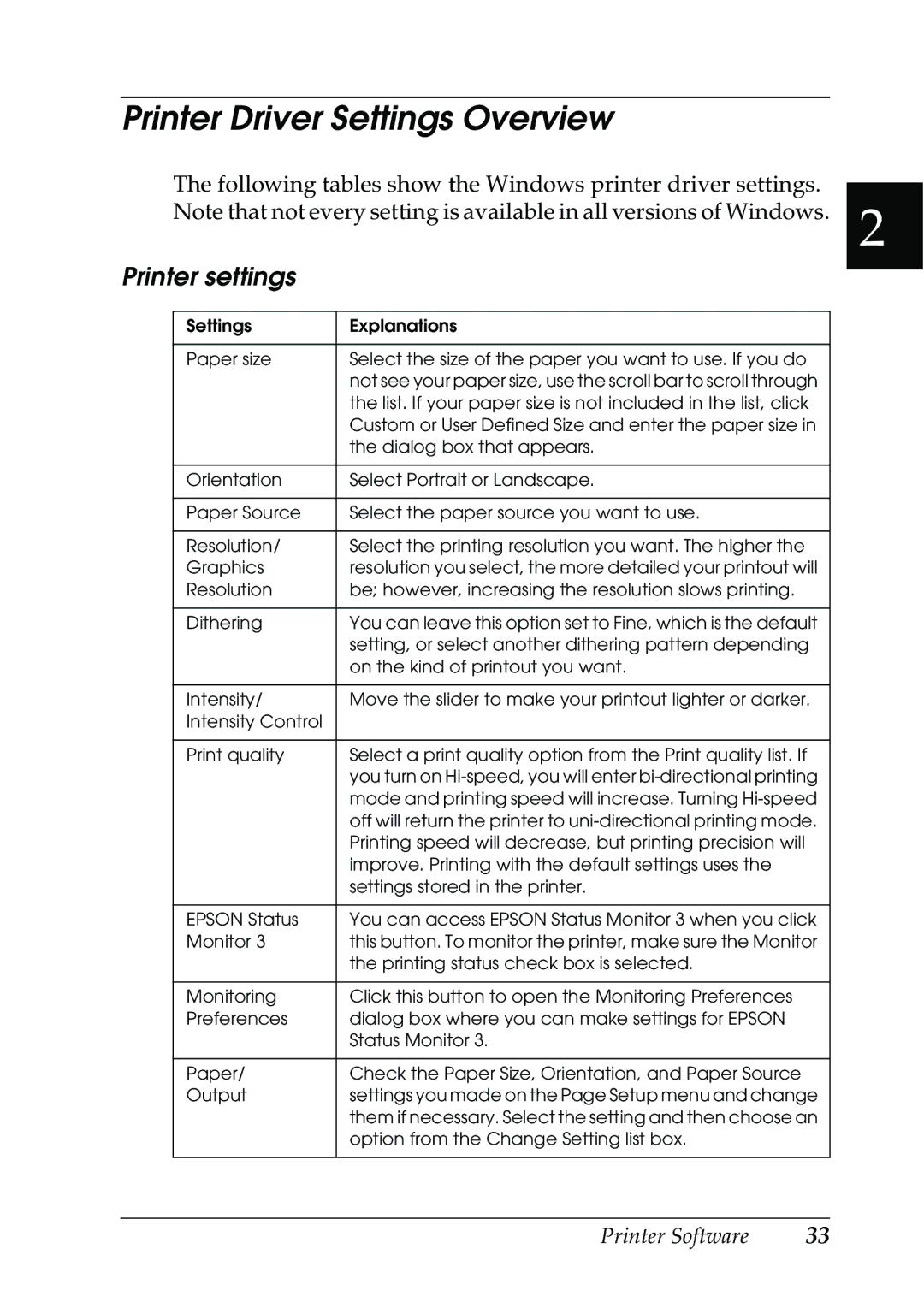 Epson 630S manual Printer Driver Settings Overview, Printer settings 