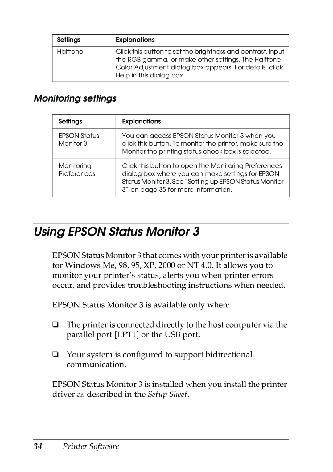 Epson 630S manual Using Epson Status Monitor, Monitoring settings 