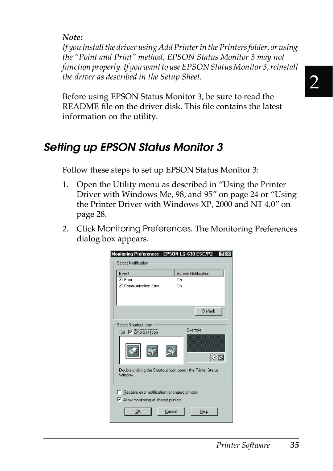 Epson 630S manual Setting up Epson Status Monitor 