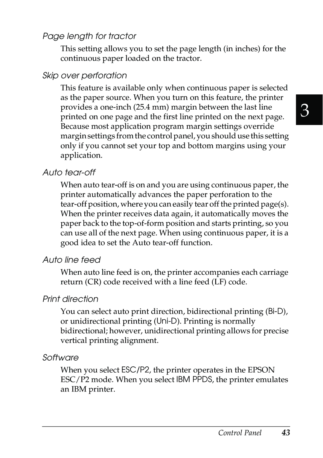 Epson 630S manual Length for tractor, Skip over perforation, Auto tear-off, Auto line feed, Print direction, Software 