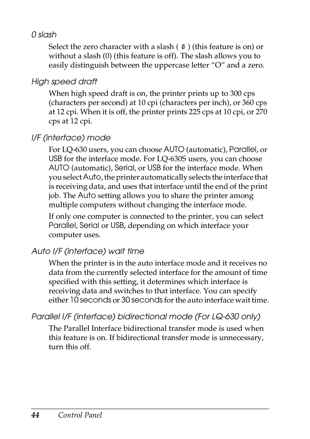 Epson 630S manual Slash, High speed draft, Interface mode, Auto I/F interface wait time 