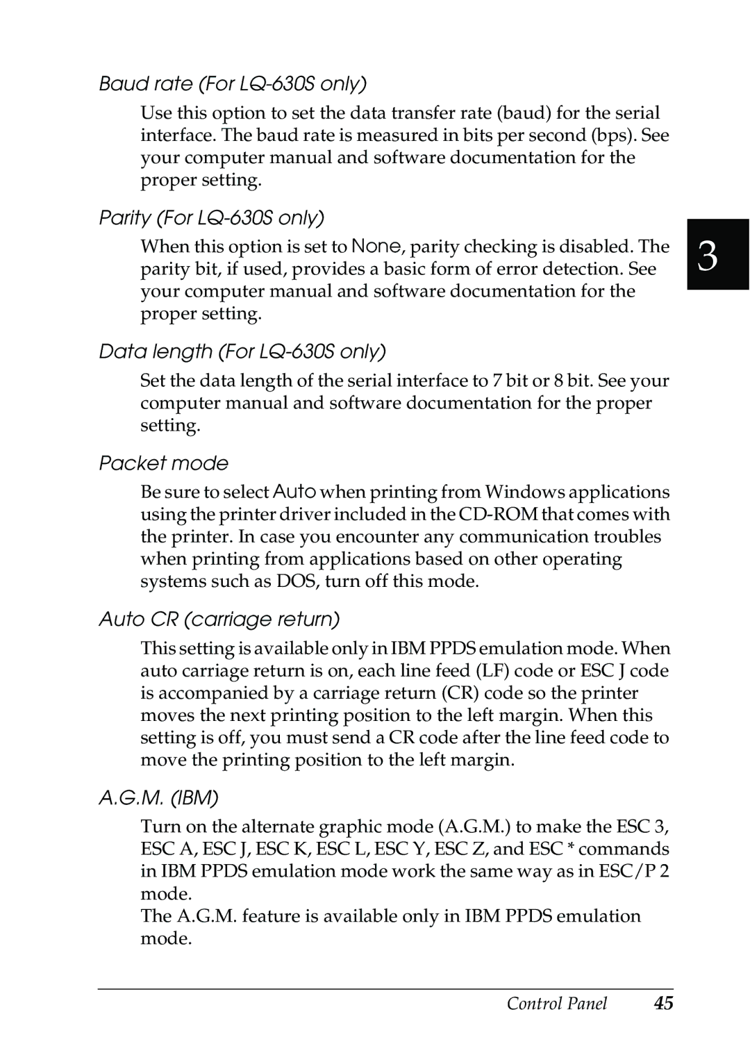 Epson manual Baud rate For LQ-630S only, Parity For LQ-630S only, Data length For LQ-630S only, Packet mode, M. Ibm 
