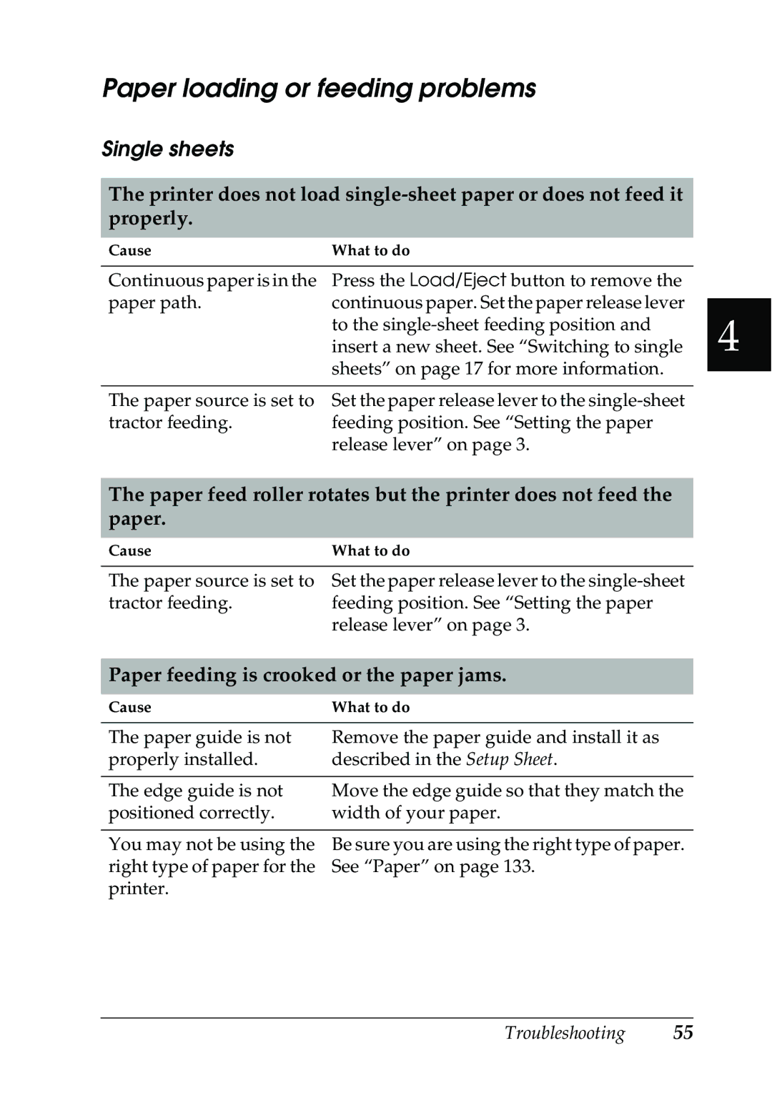 Epson 630S manual Paper loading or feeding problems, Single sheets, Paper feeding is crooked or the paper jams 