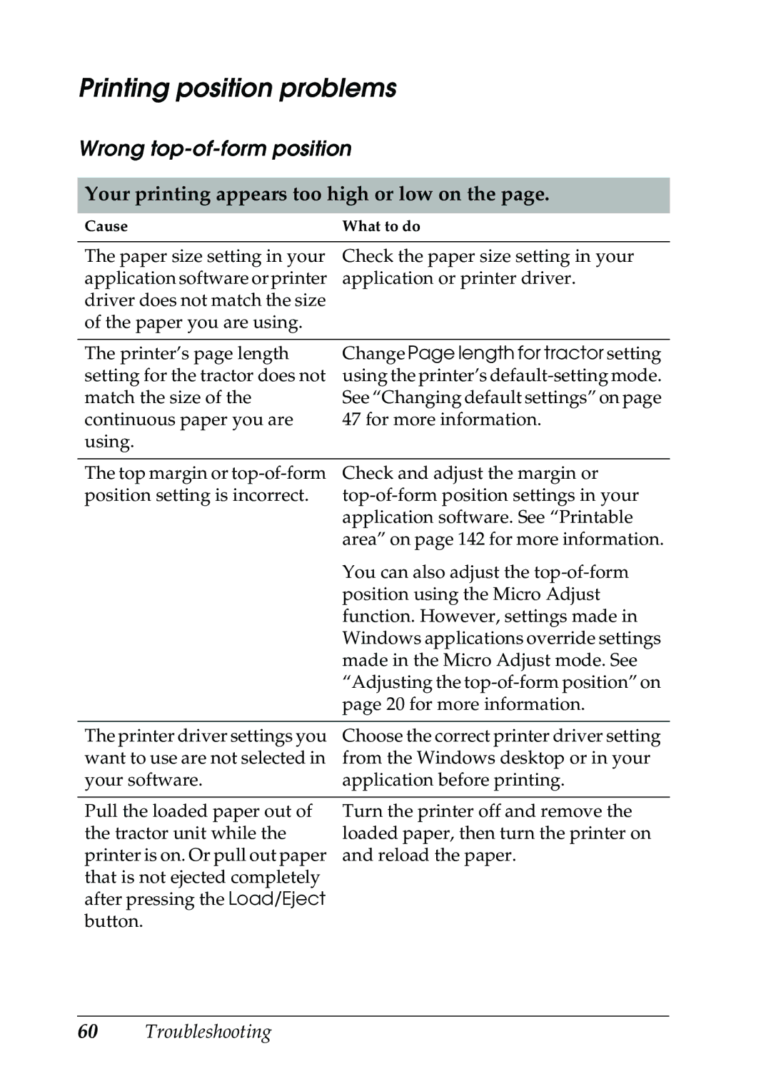 Epson 630S manual Printing position problems, Wrong top-of-form position, Your printing appears too high or low on 