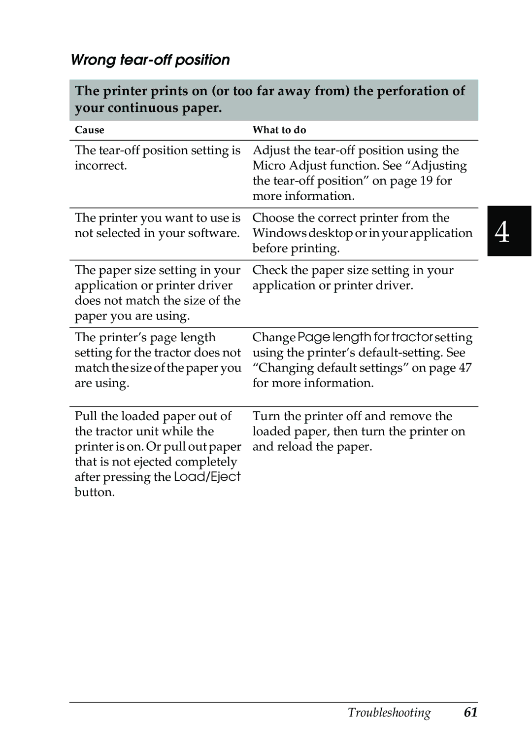 Epson 630S manual Wrong tear-off position, Change Page length for tractor setting 