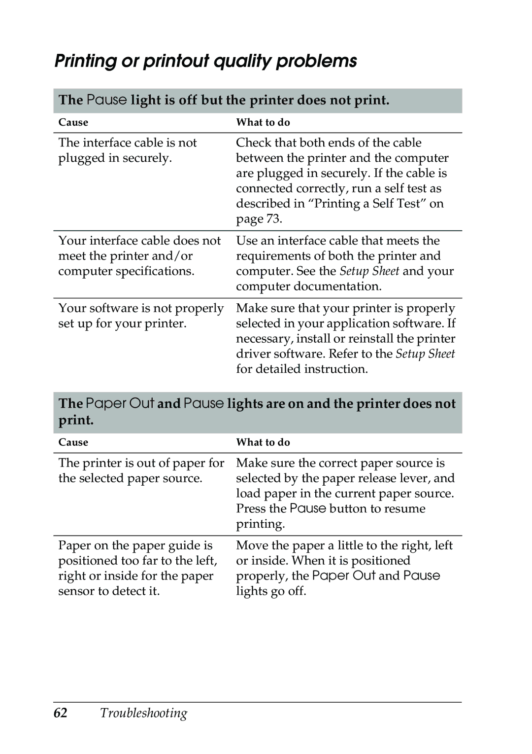 Epson 630S manual Printing or printout quality problems, Pause light is off but the printer does not print 