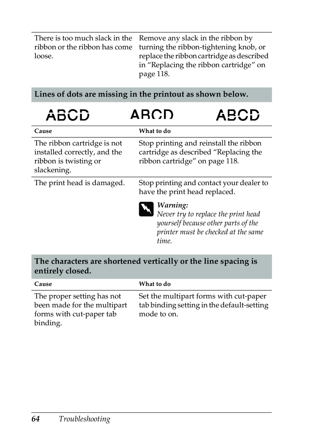 Epson 630S manual Lines of dots are missing in the printout as shown below 