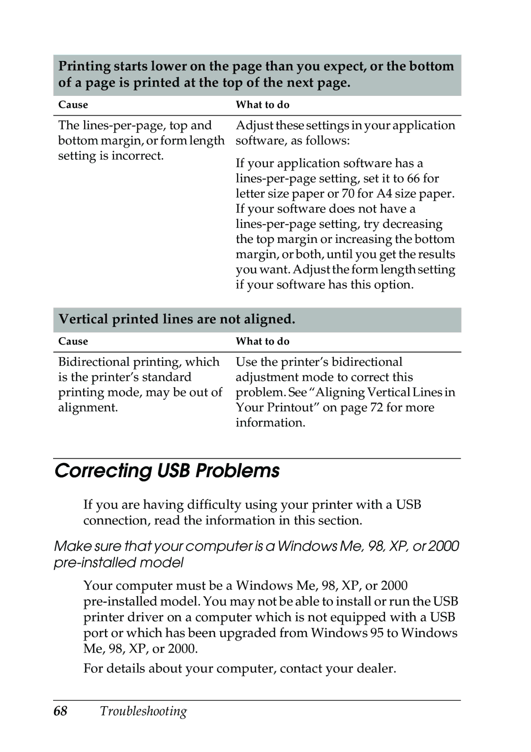 Epson 630S manual Correcting USB Problems, Vertical printed lines are not aligned 