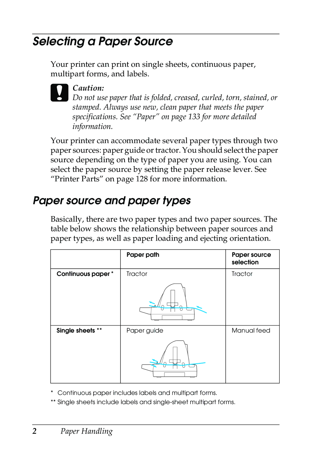 Epson 630S manual Selecting a Paper Source, Paper source and paper types 